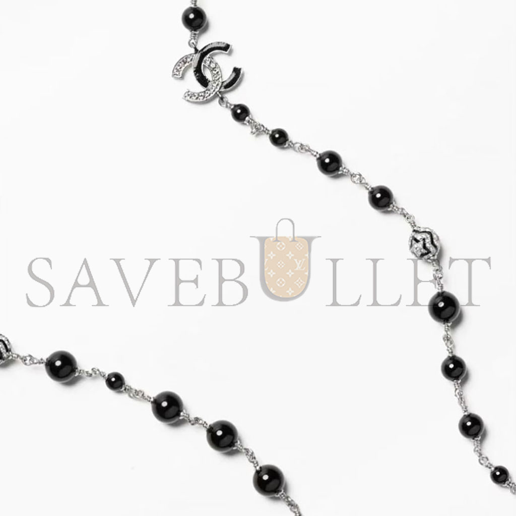 Ch*el black and white cc logo faux pearl long necklace j89703